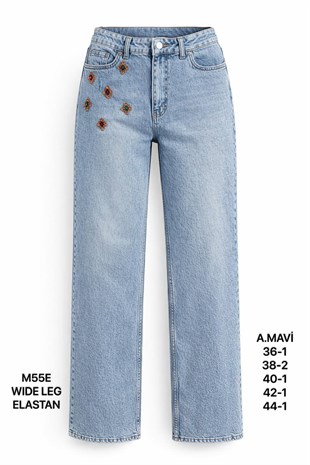 Kadın A.Mavi Taş İşlemeli Geniş Paça Jean Pantolon-M55E-37
