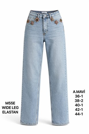 Kadın Açık Mavi Taş Aksesuar Detaylı Wide Leg Jean Pantolon-M55E-36
