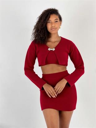 Kadın Aksesuar Detaylı 3lü Bordo Triko Takım