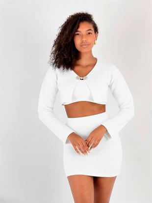 Kadın Aksesuar Detaylı 3lü Ekru Triko Takım