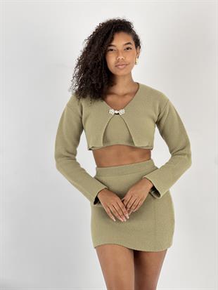 Kadın Aksesuar Detaylı 3lü Sarı Triko Takım