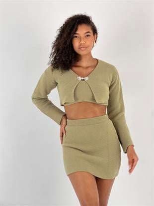 Kadın Aksesuar Detaylı 3lü Sarı Triko Takım