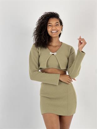 Kadın Aksesuar Detaylı 3lü Sarı Triko Takım