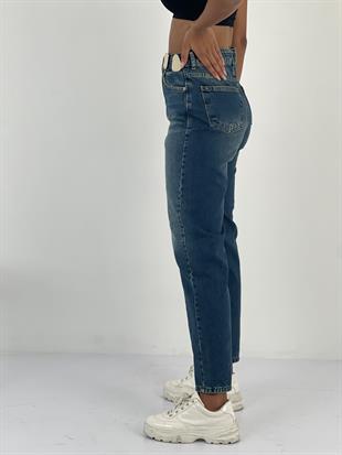 Kadın Aksesuar Detaylı Yüksek Bel Mom Mavi Jean Pantolon