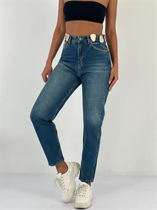 Kadın Aksesuar Detaylı Yüksek Bel Mom Mavi Jean Pantolon