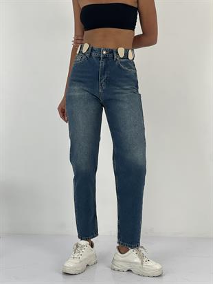 Kadın Aksesuar Detaylı Yüksek Bel Mom Mavi Jean Pantolon