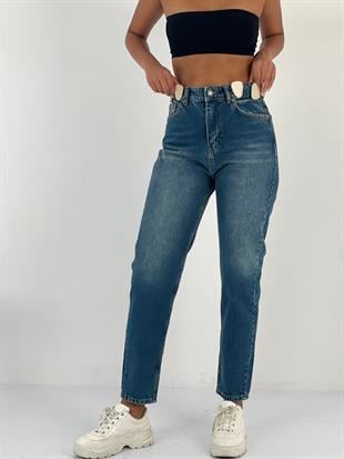 Kadın Aksesuar Detaylı Yüksek Bel Mom Mavi Jean Pantolon