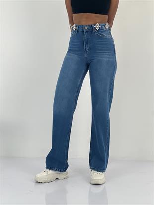 Kadın Aksesuar Taş Detaylı Yüksek Bel Mavi Jean Pantolon