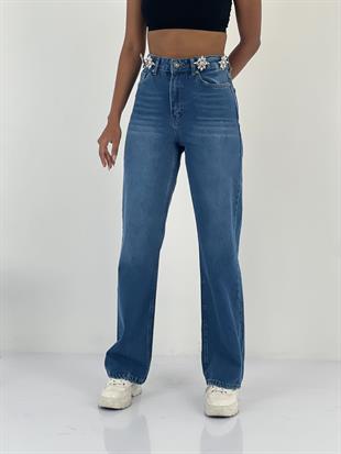 Kadın Aksesuar Taş Detaylı Yüksek Bel Mavi Jean Pantolon