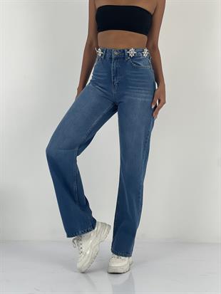 Kadın Aksesuar Taş Detaylı Yüksek Bel Mavi Jean Pantolon