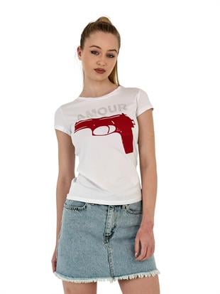 Kadın Amour Taşlı Baskı Kısa Kol Dar Tişört