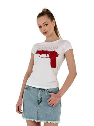 Kadın Amour Taşlı Baskı Kısa Kol Dar Tişört