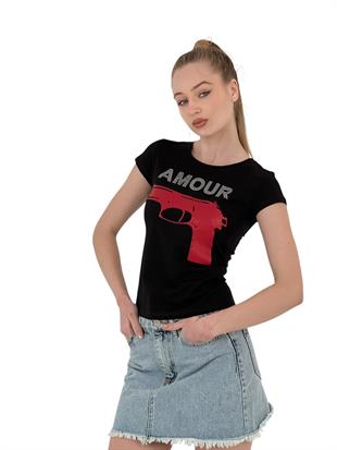 Kadın Amour Taşlı Baskı Kısa Kol Dar Tişört