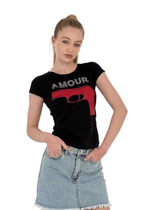 Kadın Amour Taşlı Baskı Kısa Kol Dar Tişört