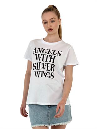 Kadın Angel Baskılı Kısa Kollu Yazlık Beyaz Tişört