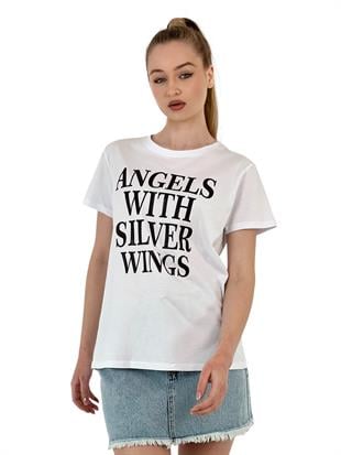 Kadın Angel Baskılı Kısa Kollu Yazlık Beyaz Tişört