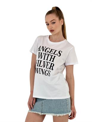 Kadın Angel Baskılı Kısa Kollu Yazlık Beyaz Tişört