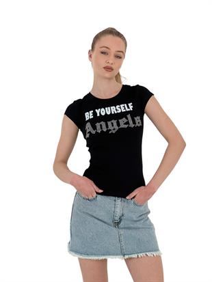 Kadın Angels Taşlı Baskı Kısa Kol Dar Tişört