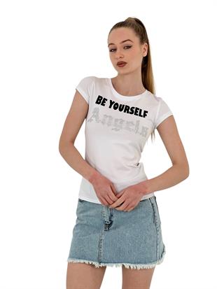 Kadın Angels Taşlı Baskı Kısa Kol Dar Tişört