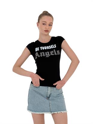 Kadın Angels Taşlı Baskı Kısa Kol Dar Tişört