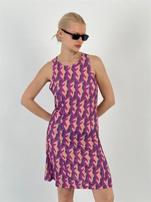 Kadın Askılı Desenli Pudra Kısa Elbise