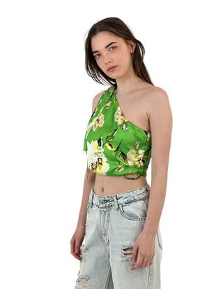 Kadın Askılı Omuz Dekolteli Yeşil Süper Crop Bluz