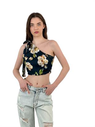 Kadın Askılı Omuz Dekolteli Yeşil Süper Crop Bluz