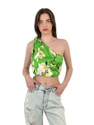 Kadın Askılı Omuz Dekolteli Yeşil Süper Crop Bluz