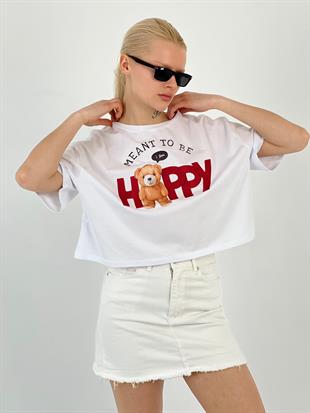 Kadın Ayıcık Baskılı Beyaz Tişört