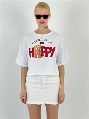 Kadın Ayıcık Baskılı Beyaz Tişört