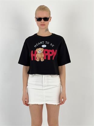 Kadın Ayıcık Baskılı Siyah Tişört