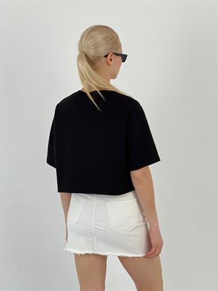 Kadın Ayıcık Baskılı Siyah Tişört