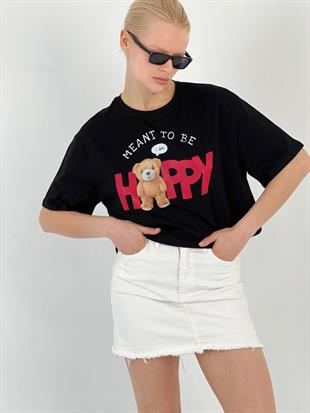 Kadın Ayıcık Baskılı Siyah Tişört