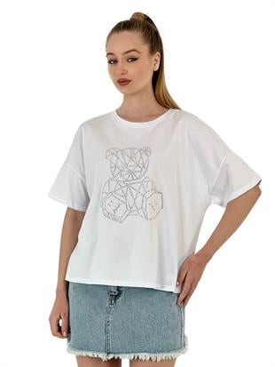 Kadın Ayıcık Taş Baskılı Kısa Kol Bol Siyah Tişört