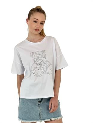 Kadın Ayıcık Taş Baskılı Kısa Kol Bol Siyah Tişört