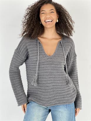 Kadın Bağcıklı V Yaka Antrasit Triko Kazak