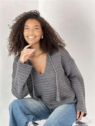 Kadın Bağcıklı V Yaka Antrasit Triko Kazak