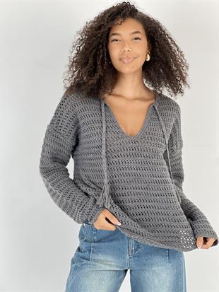 Kadın Bağcıklı V Yaka Antrasit Triko Kazak