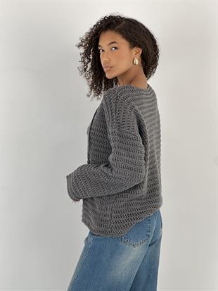 Kadın Bağcıklı V Yaka Antrasit Triko Kazak