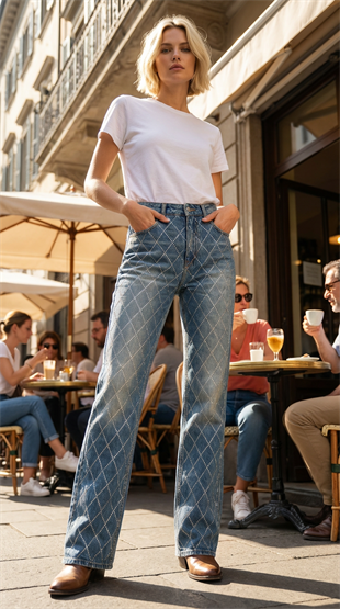 Kadın Baklava Desen Taş Yapıştırma Likralı %100 Pamuk Wide Leg Jean Pantolon