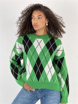 Kadın Baklava Desenli Yeşil Triko Kazak