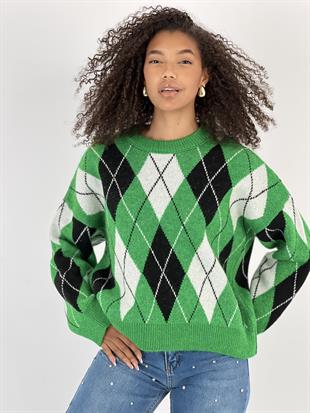 Kadın Baklava Desenli Yeşil Triko Kazak