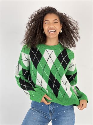 Kadın Baklava Desenli Yeşil Triko Kazak