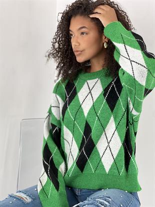 Kadın Baklava Desenli Yeşil Triko Kazak