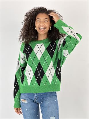 Kadın Baklava Desenli Yeşil Triko Kazak