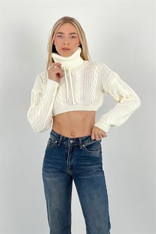 Kadın Balıkçı Yaka Saç Örgülü Crop Kazak