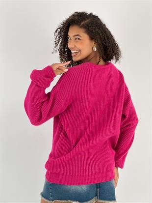 Kadın Balon Kol Düğmeli Fuşya Triko Hırka