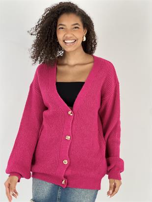 Kadın Balon Kol Düğmeli Fuşya Triko Hırka