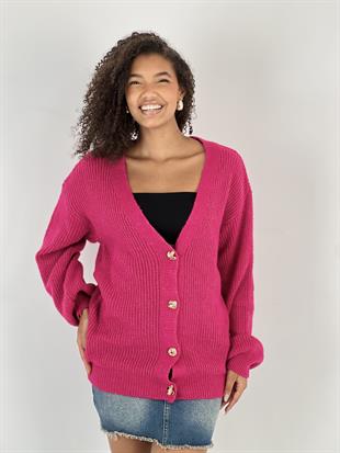 Kadın Balon Kol Düğmeli Fuşya Triko Hırka