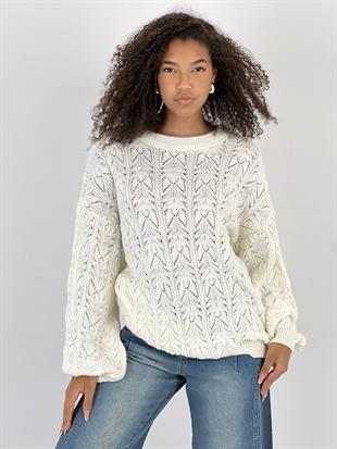 Kadın Balon Kollu Desenli Ekru Triko Kazak